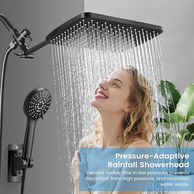 Shower Head with Handheld Combo,11.8 Inch Large Rectangular Rain Shower Head with 5 Modes Handheld Spray Combo,Adjustable Double Shower Heads with Holder and 11'' Extension Arm Matte Black