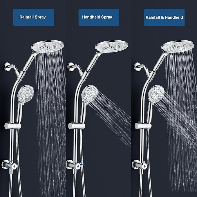 7.5" Rotatable Dual Shower Head with Handheld Combo, Kids Friendly Low 3-Way Diverter, Adjustable Slide Bar for Whole Family Use, Enjoy High Pressure Rainfall Spa Shower, Polished Chrome Finish