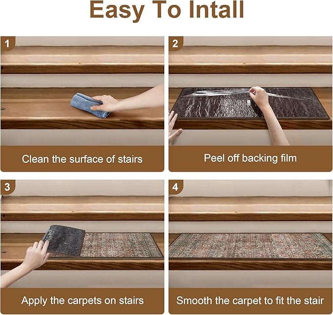 sarben Carpet Stair Treads Non Slip 1PCS, 30" X 30"Edging Stair Runner for Wooden Steps Indoor, Resistant Stair Rugs with Reusable TPE Adhesive Backing, Residue Free Mat for Kids,Pets,Rust & Brown