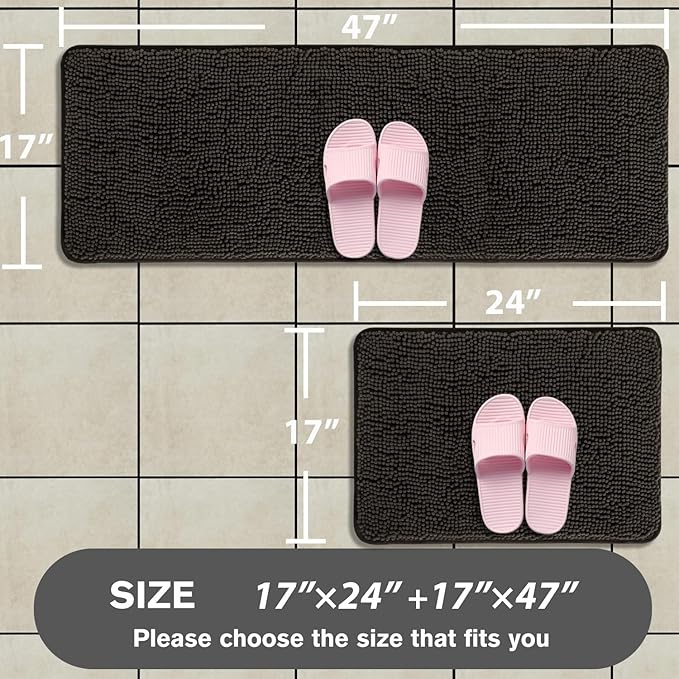 Bathroom Rugs Sets 2 Piece – Absorbent and Washable Bath Mat, Non-Slip, Thick Soft Chenille Bath Rugs for Bathroom Floor, Shower, Sink(17" x 24"+17" x 47", Chocolate Brown)