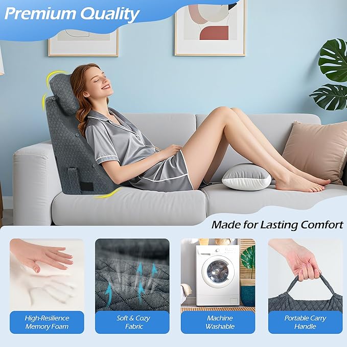 Lofty Aim Reading Pillow for Bed: Comfy Memory Foam Rest Back Pillow for Sitting in Bed Adult, Backrest Chair Pillow with Arms for Sitting Up, Watching TV, Reading, Gaming - Grey