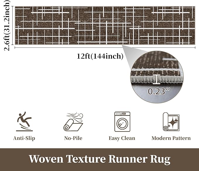 Non Slip Hallway Runner Rug 2.6x12, Modern Distressed Stripe, Washable Extra Long Rug, Woven Thin Low Pile Carpet Runners for Hallway 12ft Entryway, Kitchen, Walkway- Brown