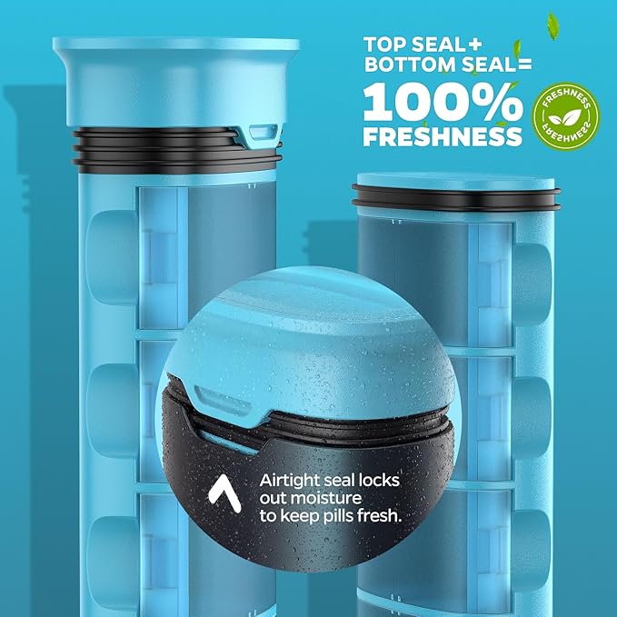 Metal 7 Day Pill Organizer 2 Times a Day-Travel Pill Box Case with Moisture-Proof Airtight Lids, Weekly AM PM Medicine Container for Vitamins, Fish Oil, Supplements and Medications (Blue)