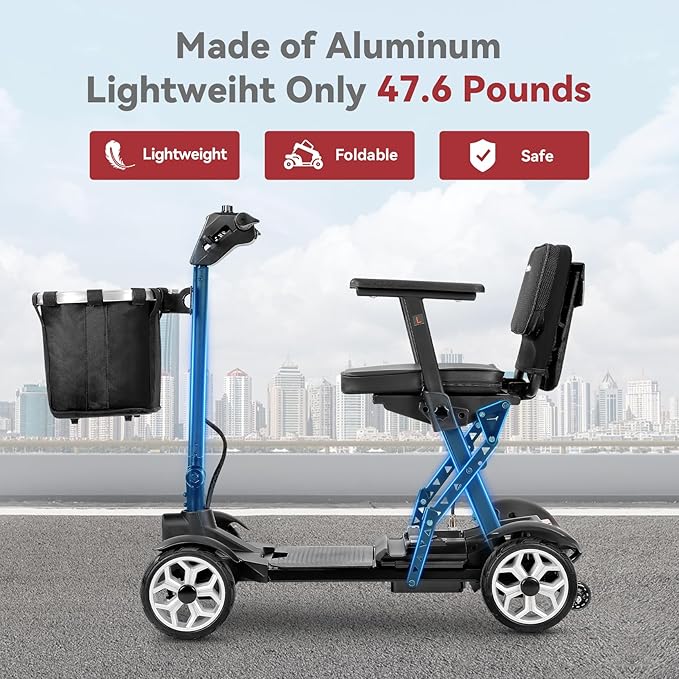 20 Miles Range Lightweight Mobility Scooter for Adults & Seniors - 47lbs Foldable 4 Wheel Travel Electric Scooter with Removable Battery, LED Lights - 300lb Capacity (Black)