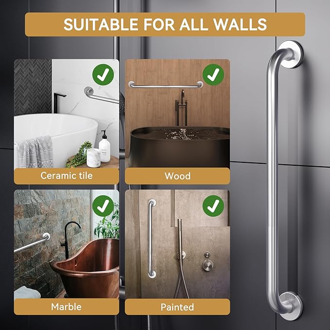 AmazerBath Grab Bar for Bathtubs and Showers - Anti Slip, 36" L x 1.25" D, Stainless Steel, Senior and Handicap Accessible, Holds 500LBS