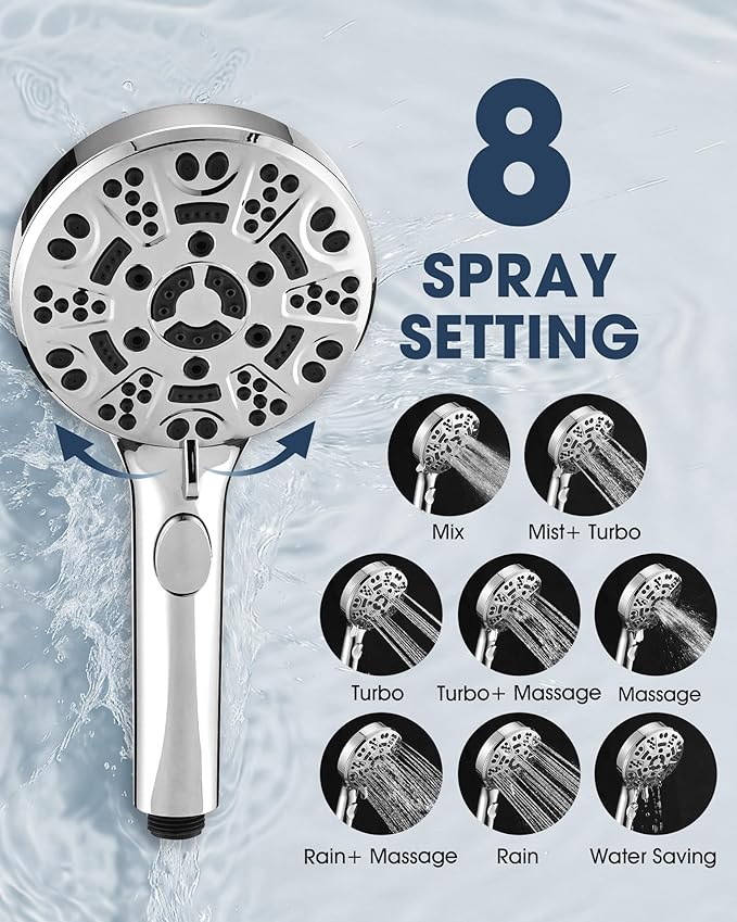 Handheld Shower Head with 6.56ft Extra Long Hose, On Off Switch 8-Seting High Preesure Hand Held Showerhead, Low-Reach Adhesive Holder for Kid, Disable& Elder (Chrome)