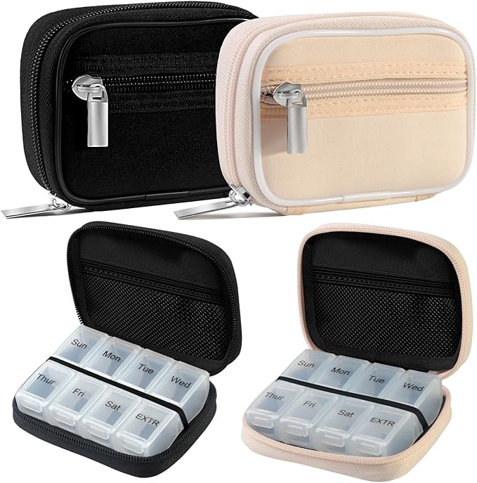 2 Packs Weekly Travel Pill Organizer for Purse with Removable 7 Day Pill Box Premium Neoprene Pill Container for Travel Purse Accessory, Vitamin, Supplement, Small Pieces Arrangement-Black and Cream