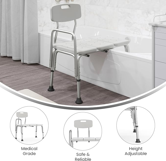 Flash Furniture HERCULES Series 300 Lb. Capacity Adjustable White Bath & Shower Transfer Bench with Back and Side Arm