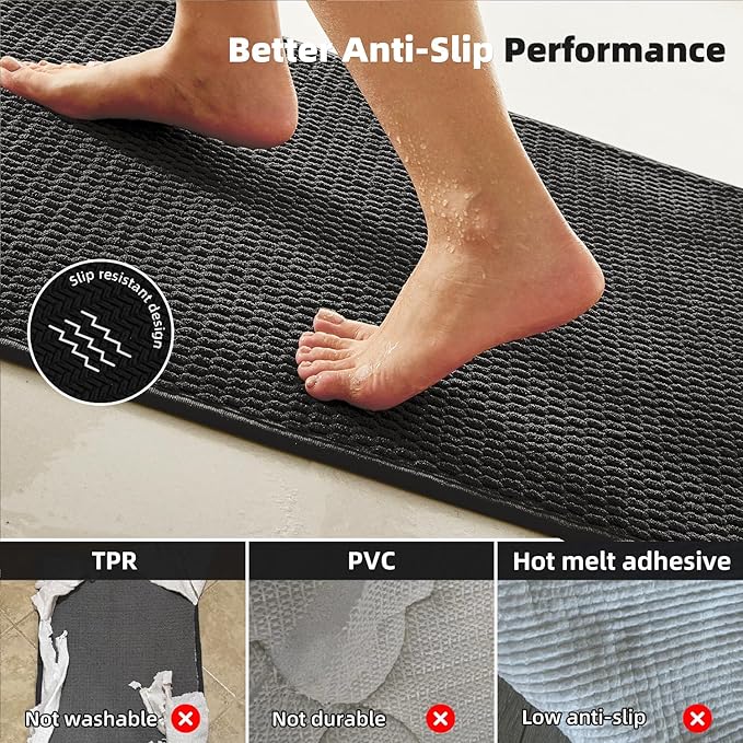TYUU Black Bathroom Runner Rugs, Long Bath Mat Runner Washable Thin Quick Dry Low Pile Bathroom Runner Rugs Non Slip, Black 16''x60''