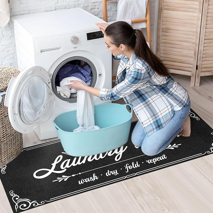 XLHOMO Laundry Room Rug Runner, 17"x60" Non Slip Black Nappa Leather Laundry Rugs, Farmhouse Washable Floor Laundry Mats for Laundry Room, Kitchen, Washroom, Bathroom, Mudroom, Hallway Entryway Decor