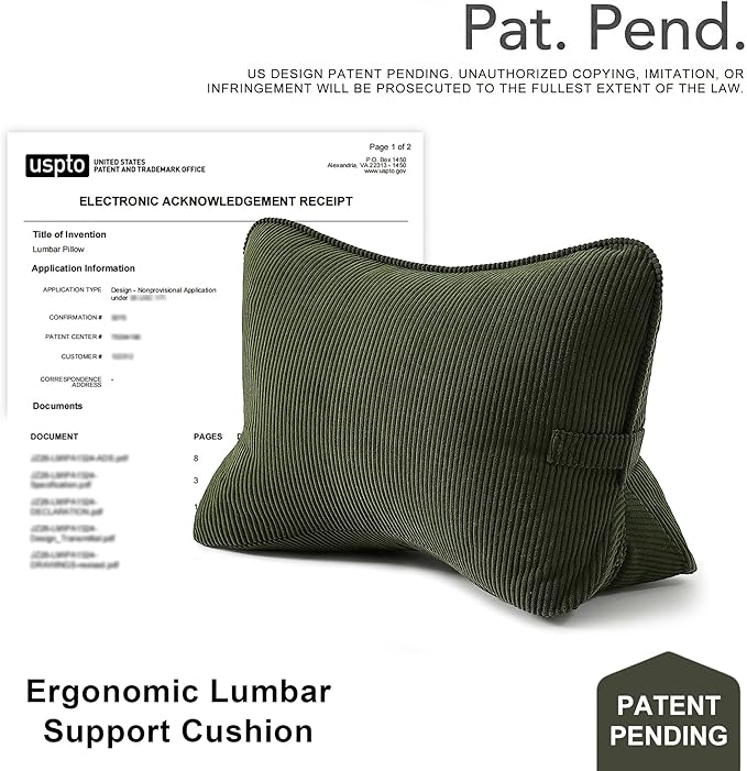 Pat. Pend. Corduroy Ergonomic Lumbar Support Pillow for Sitting Support, Triangle Back Cushion for Sofa, Armchair & Bed, Washable Cover, Avocado Green