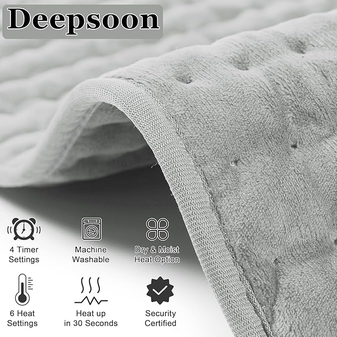 Deepsoon Heating Pad,Electric Heating Pads for Back,Neck,Moist Heating Pad for Abdomen Shoulder Knee Legs,Dry/Moist Heat&Auto Shut Off,Mother's Day Birthday for Men and Women,Light Gray,24x12 Inch