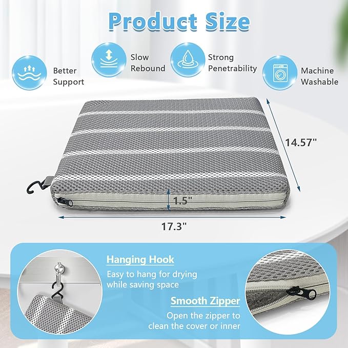 Shower Seat Cushion for Inside Shower, Shower Chair Cushion Bath Seat Mat for Seniors, Padded Shower Transfer Bench Pillow Bath Chair Pad for Elderly, Bathtub Seat Cushion, 4D Mesh Pad with Hook