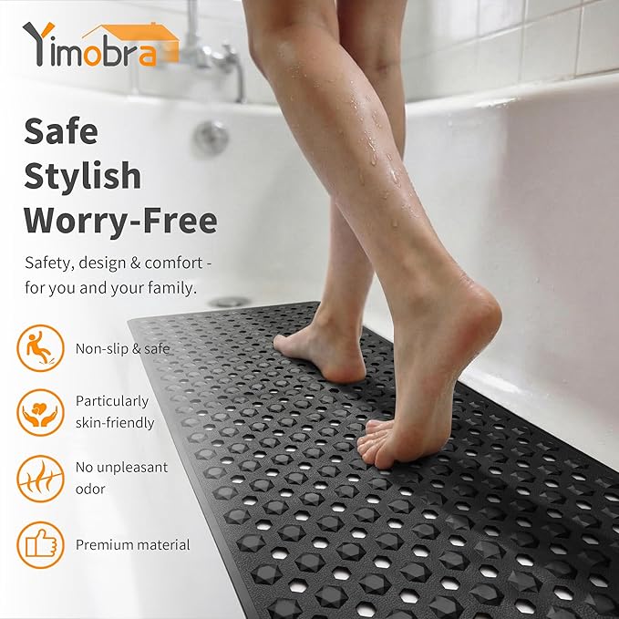 Yimobra Bathtub Mat Non Slip, 27.5"x15.5" Machine Washable Shower Floor Mat, Soft on Feet, Bathmat with Drain Holes and Suction Cups, Bathroom Essentials, Black