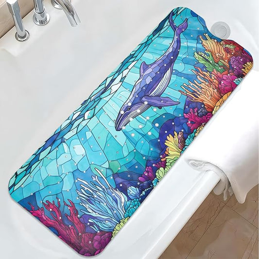 EAN Animals Bathtub Mat Non Slip, Sea Baby Bath Mat for Tub Rubber Tub Mat, Cute Toddler Kids Bath Mats for Bathroom Whale Anti Slip Shower Mat with Suction and Drain Holes Machine Washable, 40″x16″