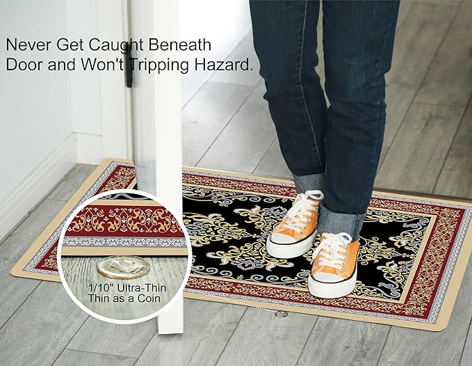 1/10 Inch Ultra Thin 24"×35" Large Front Door Mat Indoor Entrance Inside Non Slip, Waterproof Rubber Kitchen Mat and Interior Home Washable Door Mat, Boho Red
