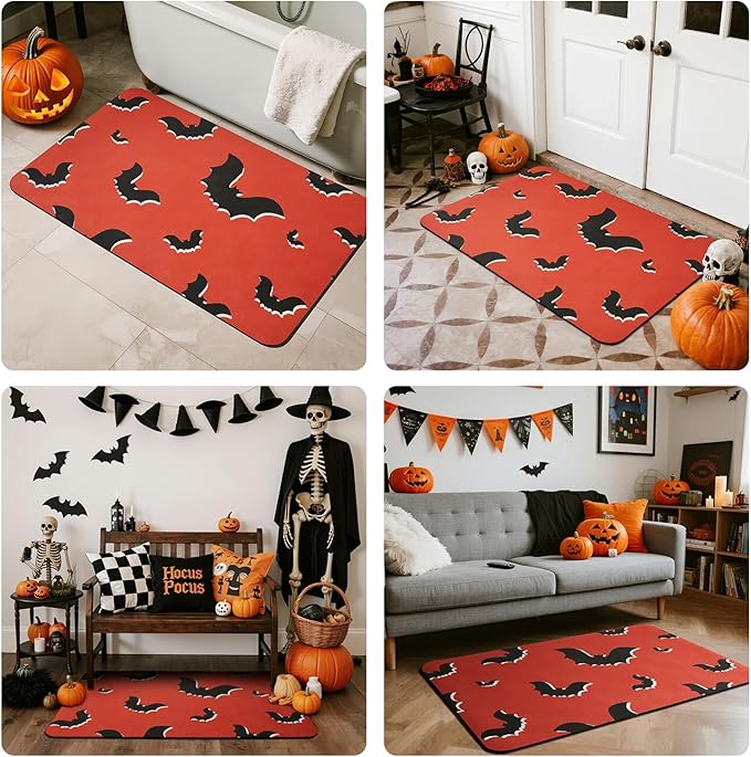 TYUU Halloween Bath Mat, Thin Halloween Bathroom Rug Non Slip Quick Dry Bat Bath Mat Fits Under Door Thin Floor Mat Halloween Decor, 24''x36'', Gothic Bats Orange