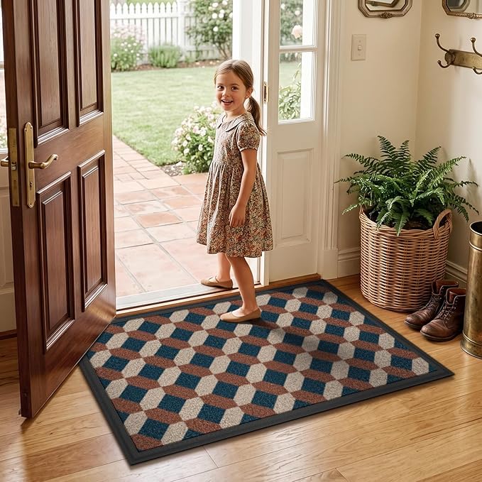 LUMI Front Door Mat 30x48, Low-Profile Non-Slip Welcome Mat for Indoor Outdoor, Stain & Fade Resistant Geometric Door Mat for Entryway Patio Porch, Geo-Navy