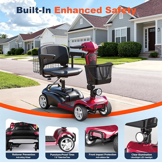 15/25/30/50Miles Eldryvon 4 Wheels Electric Mobility Scooter for Seniors, Dual Basket, 350W Powered Wheelchair with Rotating Seat, Foldable Motorized Scooter for Adults (Red, 50Miles)