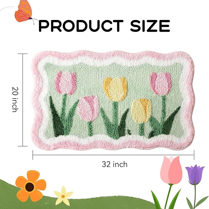 TRUEDAYS Cute Floral Bath Mat – Ultra Soft Non Slip Bathroom Rug, Absorbent Flower Carpet for Tub or Shower, Tulips Bath Mat for Kids, Girls, Home Decor, 32''x20''