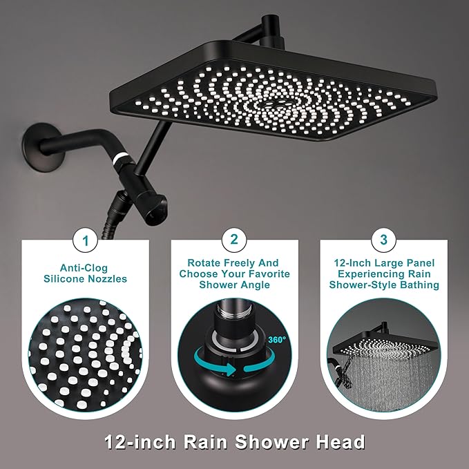 Rain Shower Heads with Handheld Spray Combo,12In Fixed Showerhead&8-Mode Handheld Shower Head with 79 Inches Extra-long Stainless Steel Hose (Black)