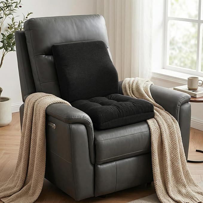 baibu Memory Foam Small Recliner Cushions with Lumbar Support Pillow Set, 18x16x4 Inch Dual-Layer Design Non-Slip Recliner Seat Cushion & Back Support Pillow for Reduce Hip & Lumbar Pain, Black