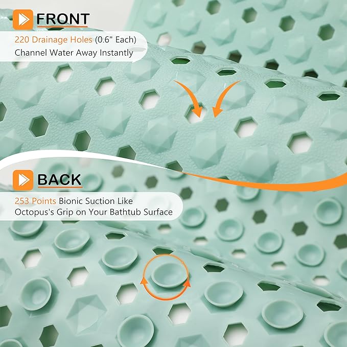 Yimobra Bath Tub Mat Non Slip, 34.5"x15.5" Long Shower Mat, Machine Washable Bathmat with Drain Holes and Suction Cups, Soft on Feet, Bathroom Essentials, Light Green