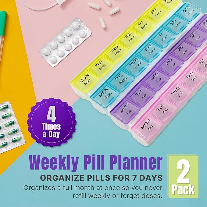 Weekly Pill Organizer - 4-Times-a-Day Pill Planner (Pack of 2) Pill Box Separates Pills & Vitamins with Daily Morning, Noon, Evening & Night Compartments, Travel Medication Reminder Monday to Sunday