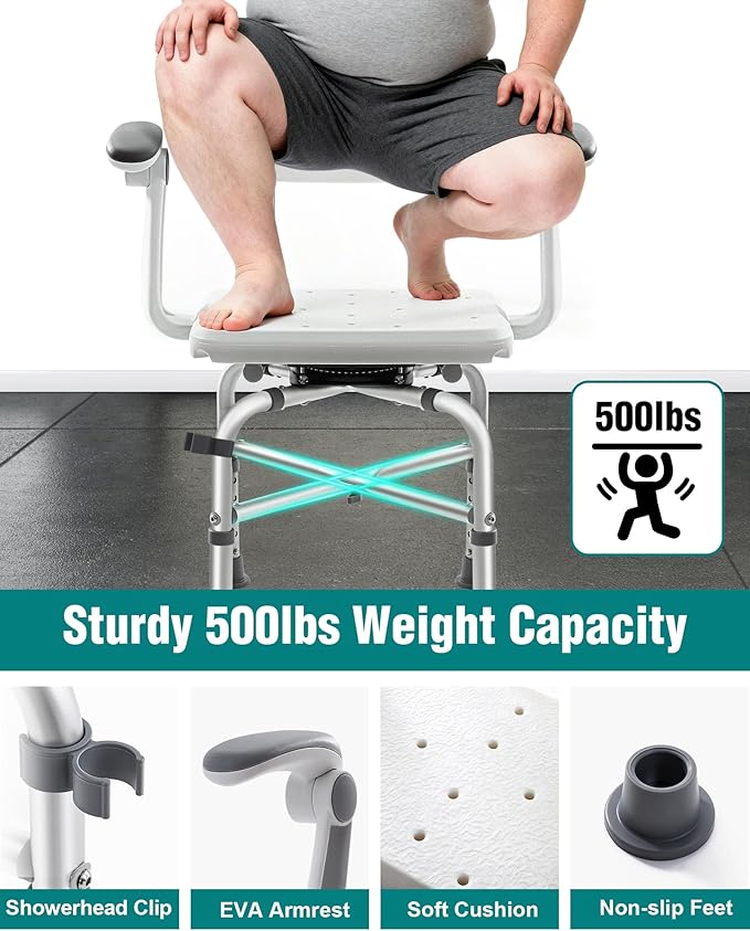 Lamberia Shower Chair for Inside Shower with Arms and Back, 500lbs Heavy Duty 360° Swivel Bathtub Seats, Height Adjustable Safety Bath Seat for Elderly, Adults, Handicap and Disabled(Adjustable Arms)