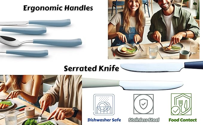 EXZACT 16-Piece Flatware Set for 4 – Colored Stainless Steel Cutlery with Wide Plastic Handles – Comfortable Tableware: Forks, Knives, Spoons, Teaspoons