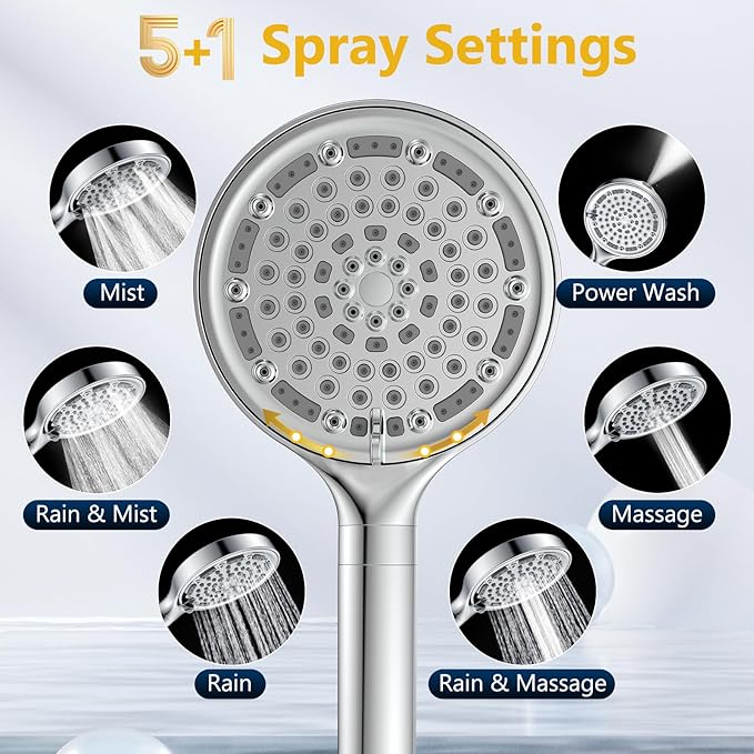 6 Spray Modes Filtered Handheld Showerhead Set, Huge 6-Inch High Pressure Shower Head with Handheld Spray, Chrome Water Softener Shower Head for Hard Water, Built-in Power Wash to Clean Tub