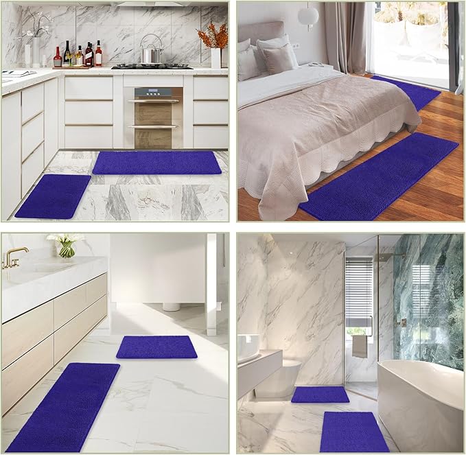 Bathroom Rugs Sets 2 Piece – Absorbent and Washable Bath Mat, Non-Slip, Thick Soft Chenille Bath Rugs for Bathroom Floor, Shower, Sink(17" x 24"+17" x 47", Royal Blue)
