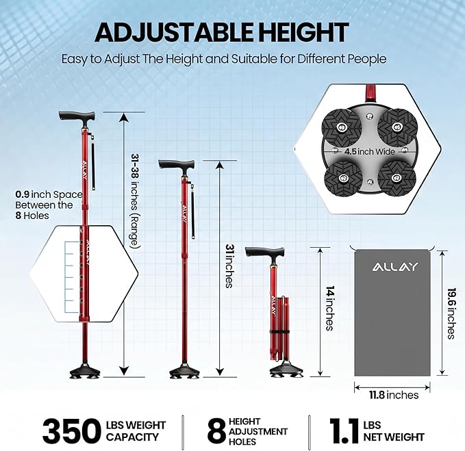 Allay Walking Canes for Men & Women - Adjustable Canes for Women for Stability, Self Standing Wide Quad Pivot Base, Light Weight, Soft Handle Grip and Travel Bag, Walking Sticks for Seniors & Adults