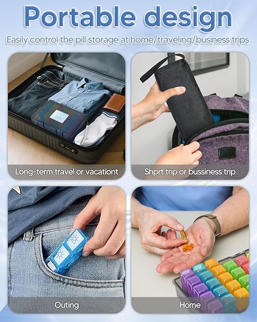 Monthly Pill Organizer 3 Times a Day, FRIWOLE Medicine Box with Portable Weekly Pill Bag, Pill Taker Remover, Pill Cutter and 2 Sticker (Black, 3 Times a Day)