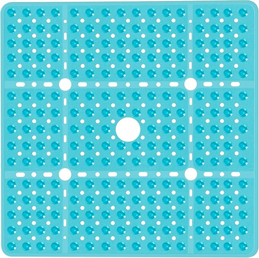 Large Square Shower Mat 27 x 27 Inch Clear Green, Non Slip Shower Bathtub Mats for Inside Shower with Big Suction Cups Drain Holes, Anti Slip Bathroom Floor Stall Mats, Easy Clean, BPA-Free