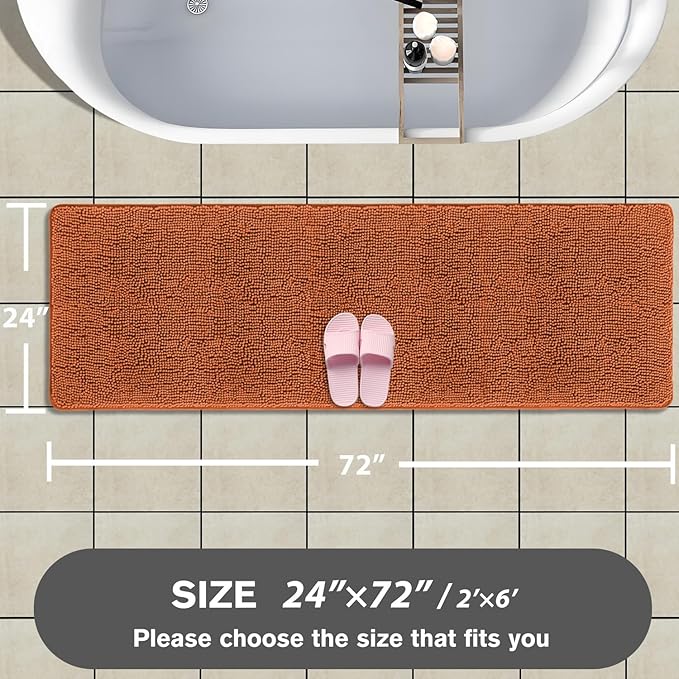 Bathroom Runner Rug 24 x 72 Non Slip – Extra Long Bath Mat | Absorbent and Washable Thick Chenille Runner Rug for Bathroom, Shower, Tub, Sink(Burnt Orange)