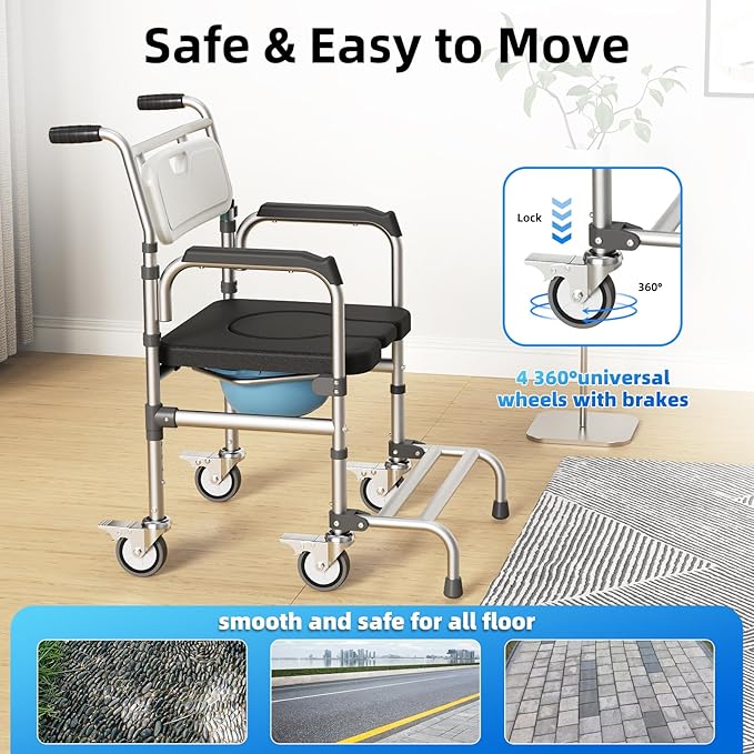 4 in 1 Rolling Bedside Commode Chair with Wheels for Elderly, Shower Chair with Handles, Adjustable Height Raised Toilet Seat for Seniors,Disabled and Pregnant Holds Up to 350 lbs (Black)
