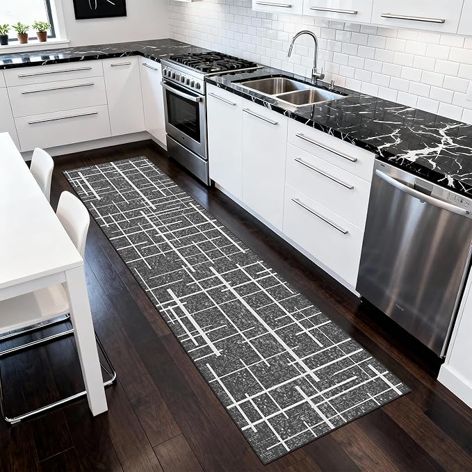 Non Slip Hallway Runner Rug 2x10, Gray Modern Distressed Stripe, Washable Long Rug, Woven Thin Low Pile Carpet Runners for Hallway 10ft Entryway, Kitchen, Walkway- Gray