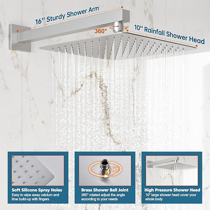 Kurpot Shower System, 10'' High Pressure Brushed Nickel Shower Head with Handheld Spray Combo, Included 59'' Shower Hose, Shower Trim Kit and 2-IN-1 Diverter, Bathroom Shower Faucet Set with Valve