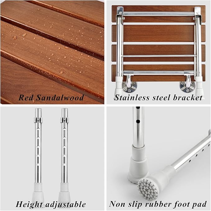Folding Shower Seat Wall Mounted with Legs, Foldable Shower Chair for Inside Shower, Fold Down Shower Bench for Seniors (Wood, Height Adjustable)