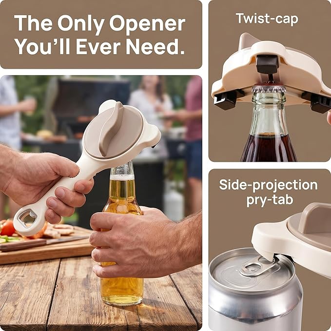 4 in 1 Multi-Purpose Jar Opener, Magnetic Stainless Steel with Ergonomic Handle, Multi-Size Lid Tool for Jars, Cans Wine, Ideal for Seniors, Arthritis and Weak Hands (Beige)
