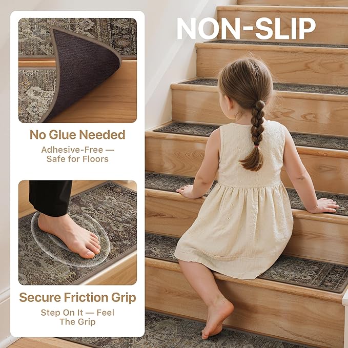 Non Slip Stair Treads for Wooden Steps 15PCS - 8"x30" Indoor Safety Carpet, Edging Mats with TPE Adhesive Backing, Pet and Elderly Friendly Stair Rugs (Sage/Brown)