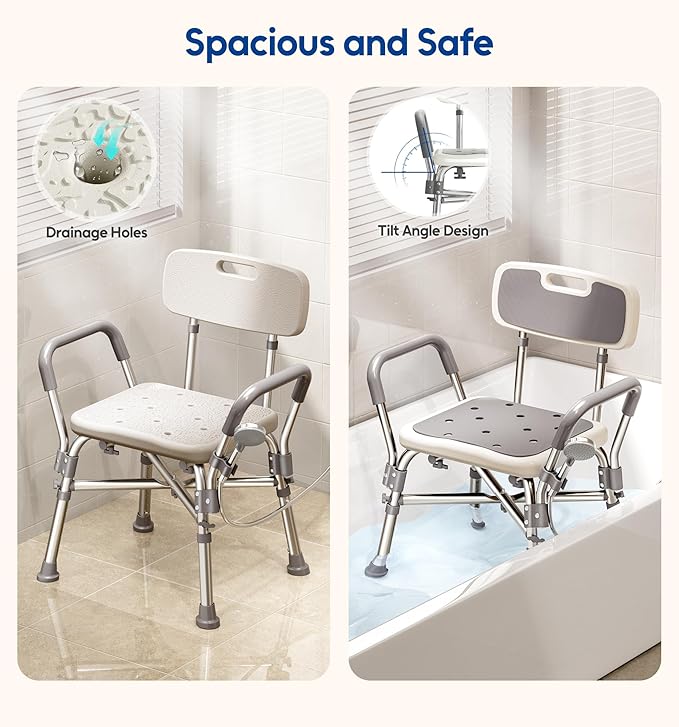 Bluelog Shower Chair with Arms and Back, 550lbs Heavy Duty, Height Adjustable, Bathtub Shower Seat Bench Stool for Inside Shower for Elderly & Disabled, Rectangular
