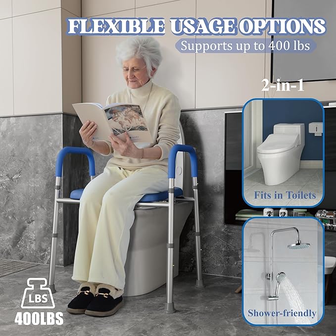 Raised Toilet Seat with Handles for Elderly Toilet Seat Riser for Senior Handicap Toilet Seat Riser with Bars, Adjustable Height Raised Toilet Chair for Elderly and Disabled, 400 Lbs