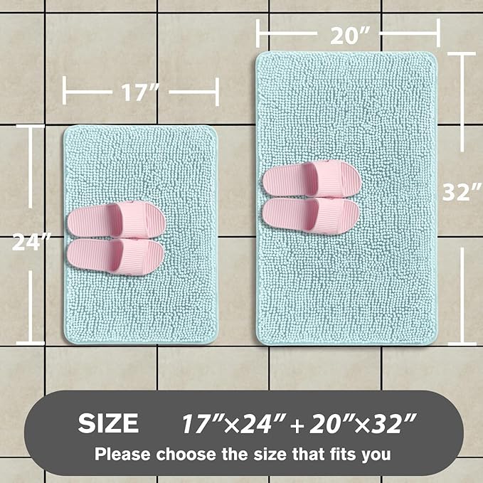 Aqua Bathroom Rugs Sets 2 Piece – Absorbent and Washable Bath Mat, Non-Slip, Thick Soft Chenille Bath Rugs for Bathroom Floor, Shower, Sink - 17" x 24"+20" x 32"