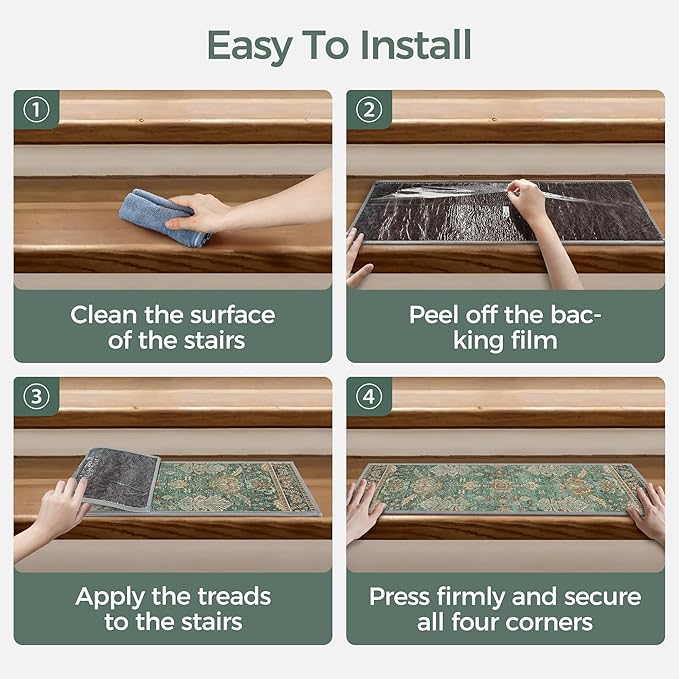 Non Slip Stair Treads for Wooden Steps 15PCS - 8"x30" Indoor Safety Carpet, Edging Mats with TPE Adhesive Backing, Pet and Elderly Friendly Stair Rugs (Sage/Gold)