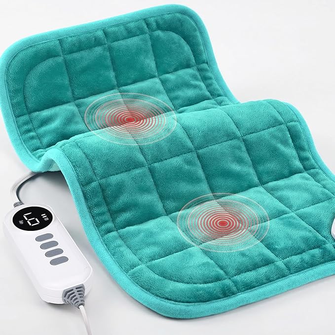Heating Pad, Weighted Heating Pad with Massaging Vibrations, 6 Heat Settings & 4 Massage Modes,Soothing Warmth for Back & Shoulders, 12" x 24",Light Blue