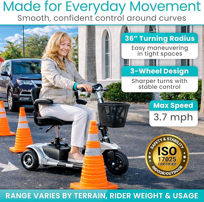 Vive 3 Wheel Mobility Scooter - Electric Powered Mobile Wheelchair Device for Adults - Folding, Collapsible and Compact for Travel - Long Range Power Extended Battery with Charger and Basket Included