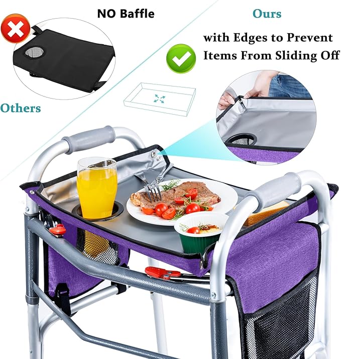 BAGSFY Walker Tray with Cup Holder & Side Pocket – Hard Top Walker Table for Seniors – Folding Walker Accessory for Meals, Reading, Drinks – Non-Slip Surface, Tool-Free Install, Universal Fit