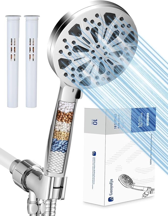 Filtered Shower Head with Handheld and Hose, 10 Spray Modes High Pressure Showerhead for Hard Water, Water Saving Removable Filter with Beads, Chrome Finish, WaterSense & CUPC Certified